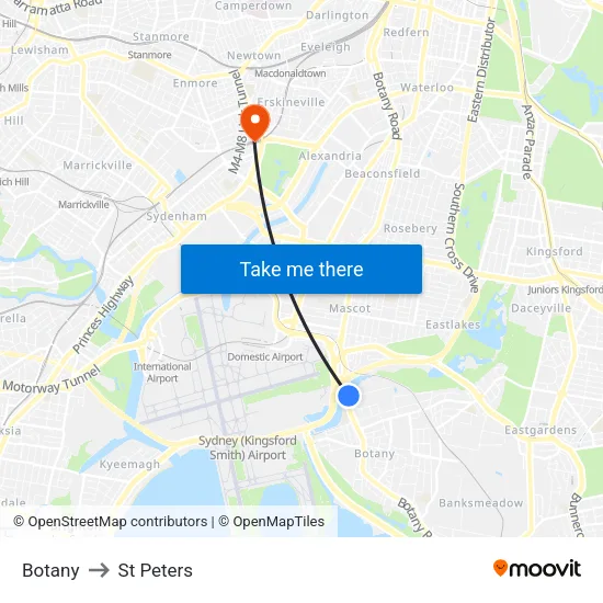 Botany to St Peters map