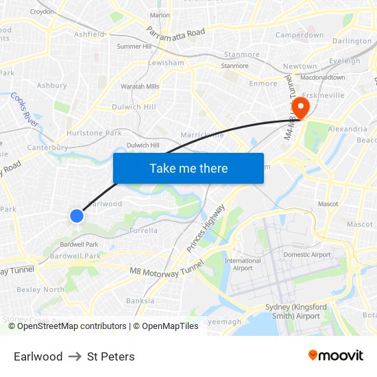 Earlwood to St Peters map