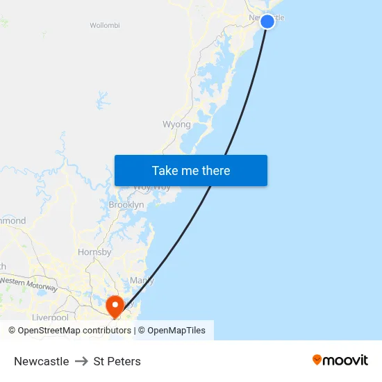 Newcastle to St Peters map