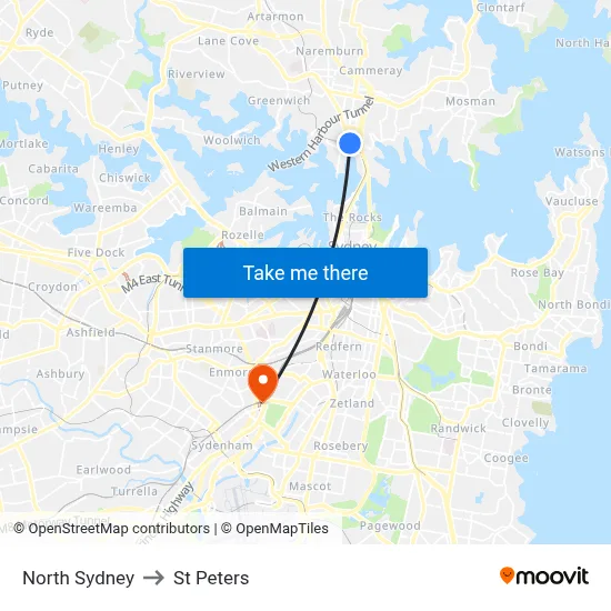 North Sydney to St Peters map