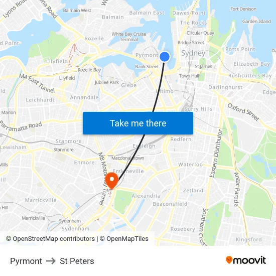 Pyrmont to St Peters map