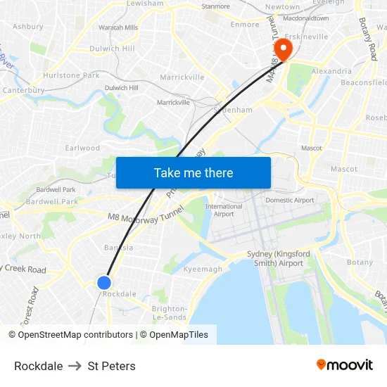 Rockdale to St Peters map