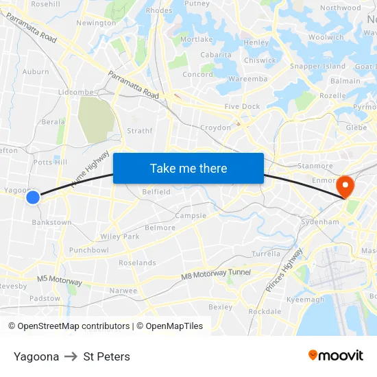 Yagoona to St Peters map