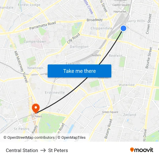 Central Station to St Peters map