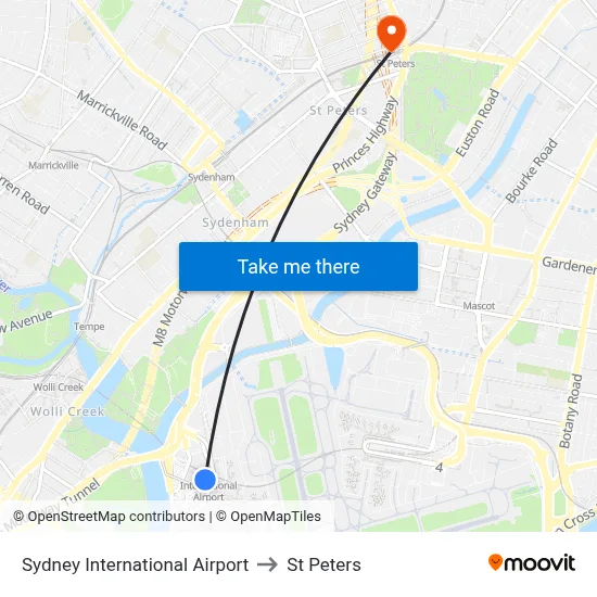 Sydney International Airport to St Peters map