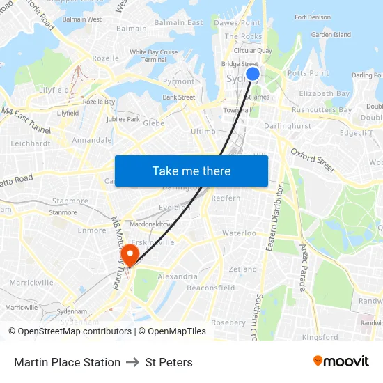 Martin Place Station to St Peters map