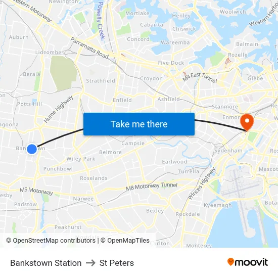 Bankstown Station to St Peters map