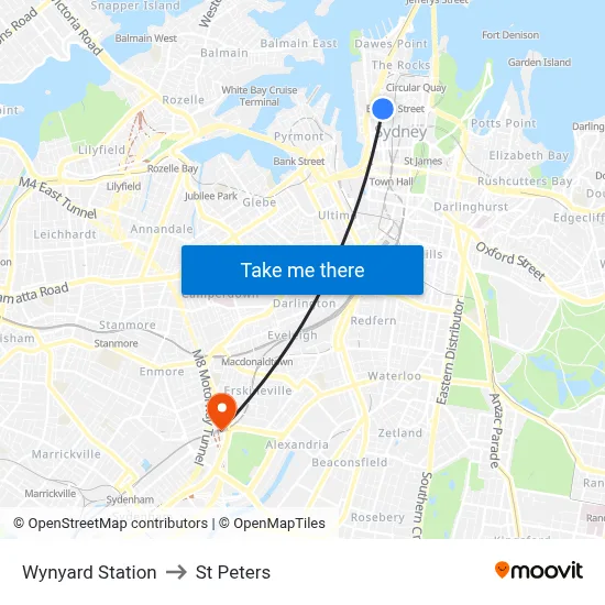 Wynyard Station to St Peters map