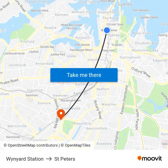 Wynyard Station to St Peters map