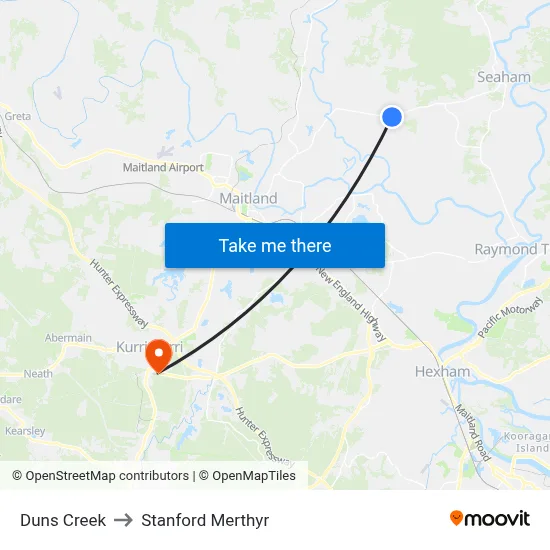 Duns Creek to Stanford Merthyr map