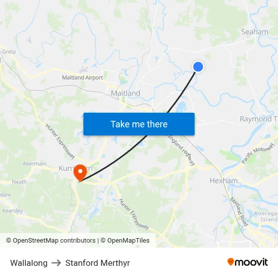 Wallalong to Stanford Merthyr map