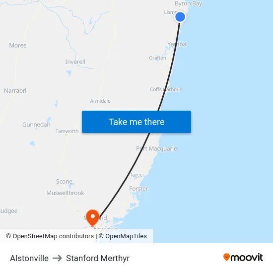 Alstonville to Stanford Merthyr map