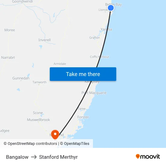 Bangalow to Stanford Merthyr map