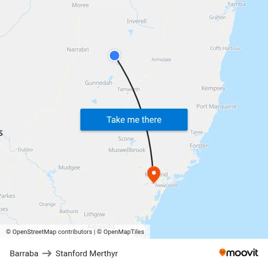 Barraba to Stanford Merthyr map