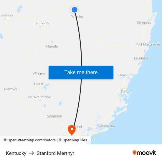 Kentucky to Stanford Merthyr map