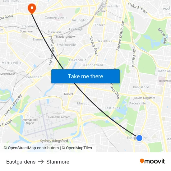 Eastgardens to Stanmore map