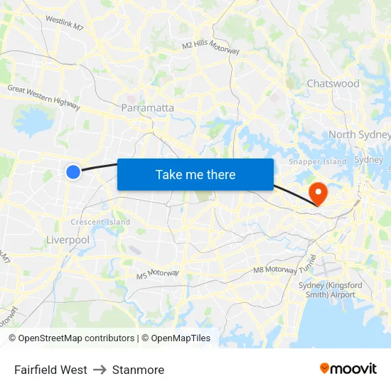 Fairfield West to Stanmore map