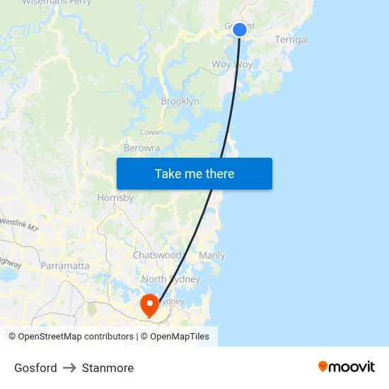 Gosford to Stanmore map