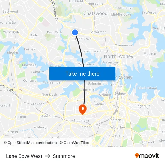 Lane Cove West to Stanmore map