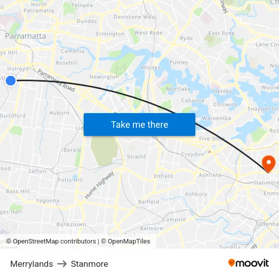 Merrylands to Stanmore map
