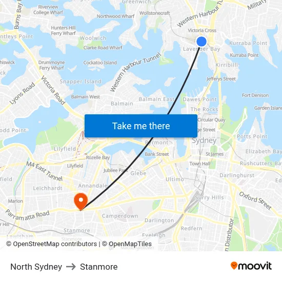 North Sydney to Stanmore map