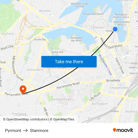 Pyrmont to Stanmore map