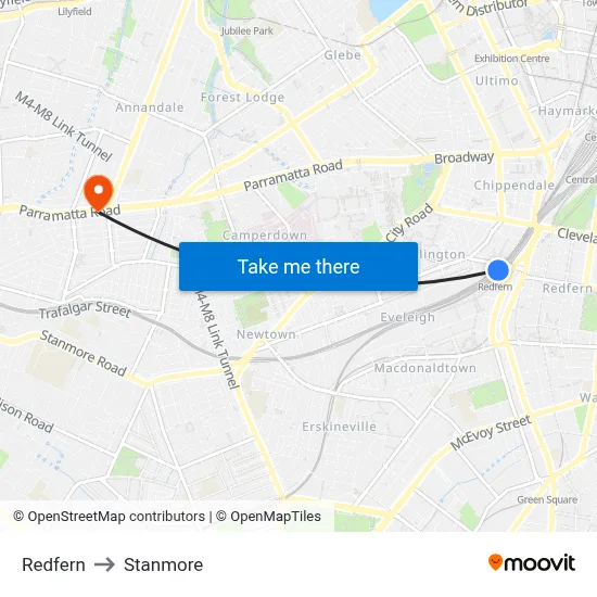 Redfern to Stanmore map