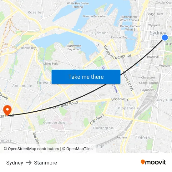 Sydney to Stanmore map