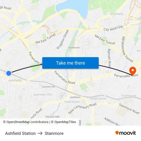Ashfield Station to Stanmore map