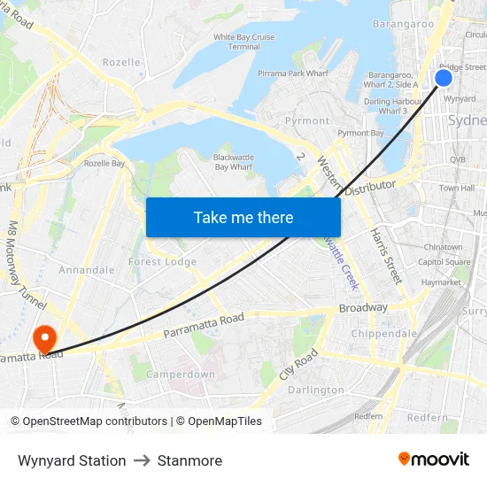 Wynyard Station to Stanmore map