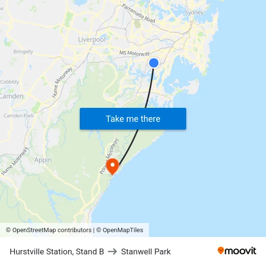 Hurstville Station, Stand B to Stanwell Park map