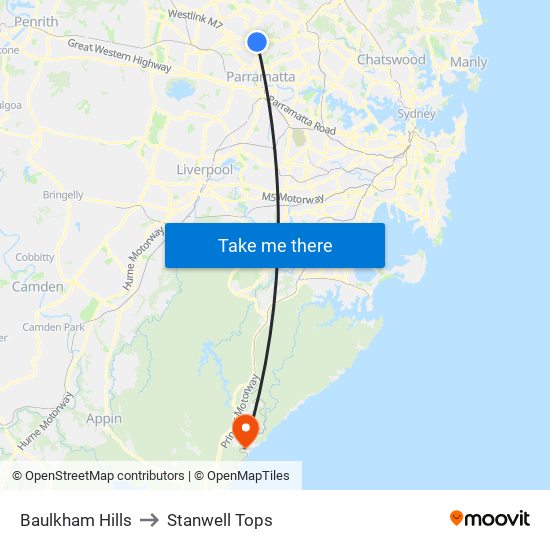 Baulkham Hills to Stanwell Tops map