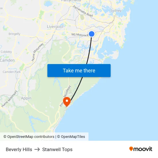 Beverly Hills to Stanwell Tops map