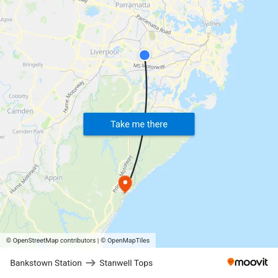 Bankstown Station to Stanwell Tops map