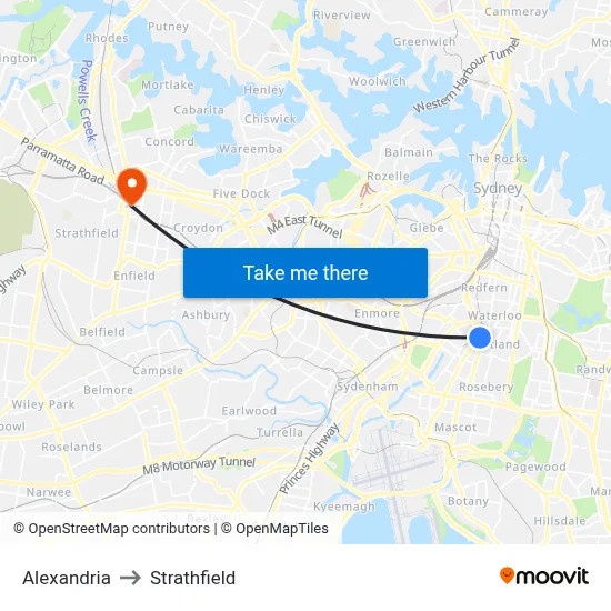 Alexandria to Strathfield map