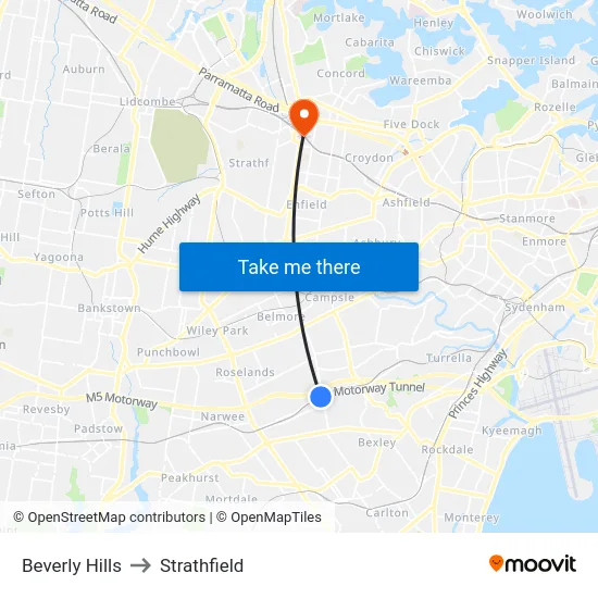Beverly Hills to Strathfield map
