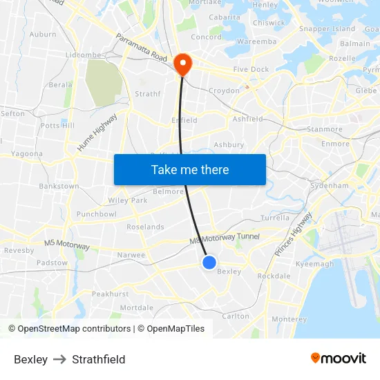 Bexley to Strathfield map