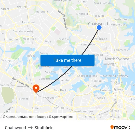 Chatswood to Strathfield map