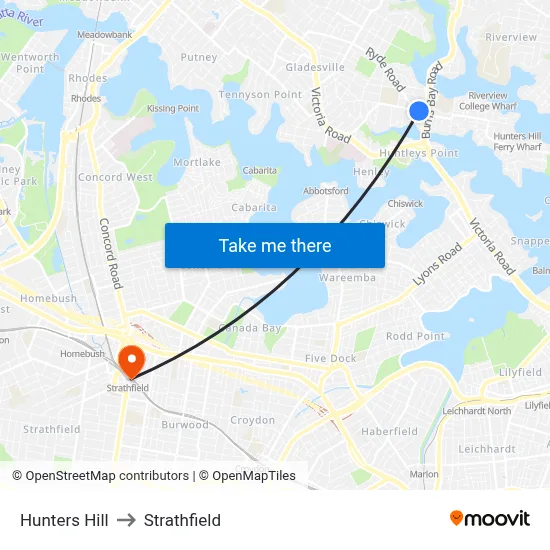Hunters Hill to Strathfield map