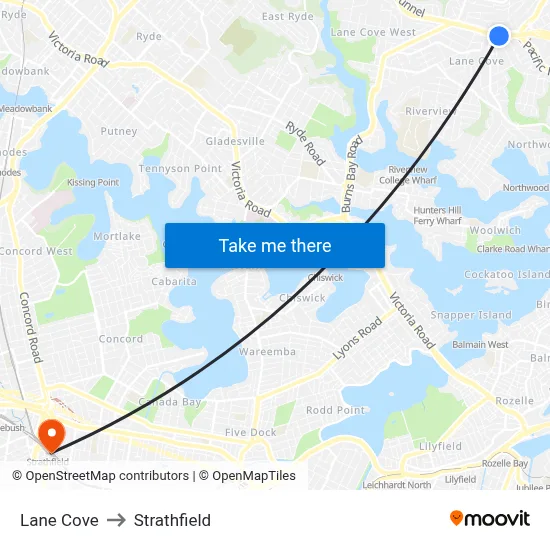 Lane Cove to Strathfield map