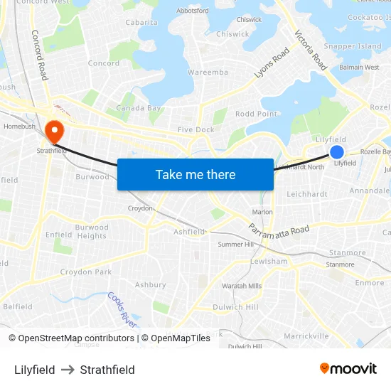 Lilyfield to Strathfield map