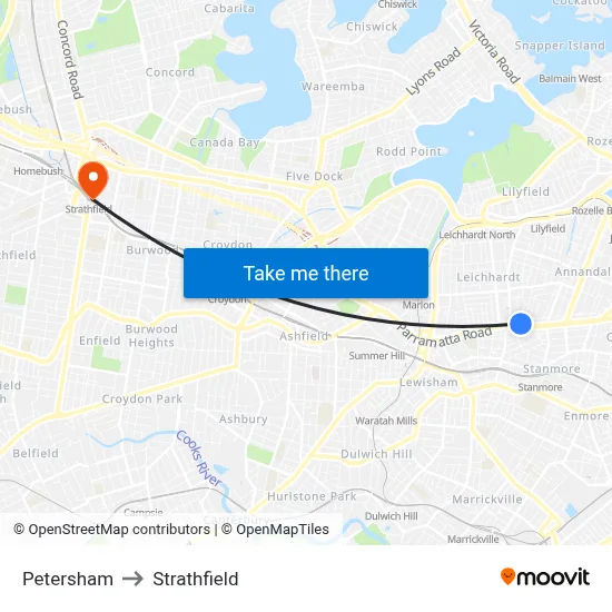 Petersham to Strathfield map