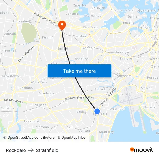 Rockdale to Strathfield map