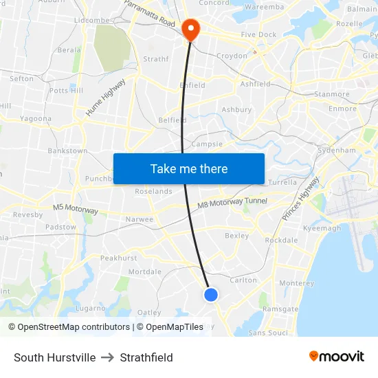 South Hurstville to Strathfield map