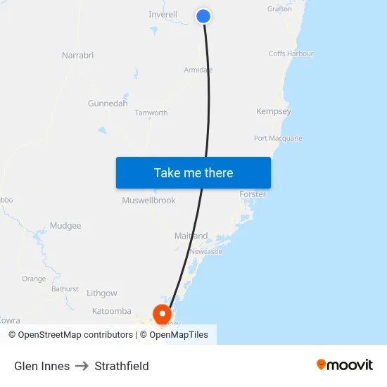 Glen Innes to Strathfield map