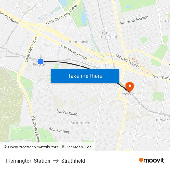 Flemington Station to Strathfield map