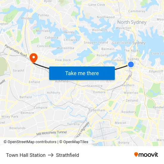 Town Hall Station to Strathfield map