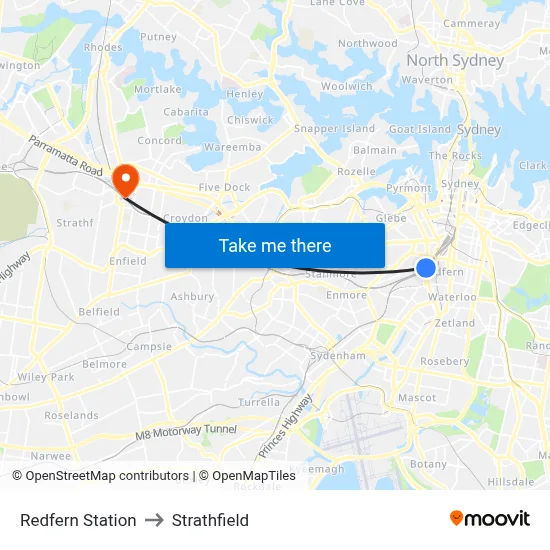 Redfern Station to Strathfield map
