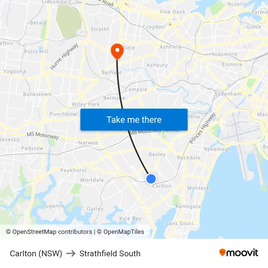 Carlton (NSW) to Strathfield South map