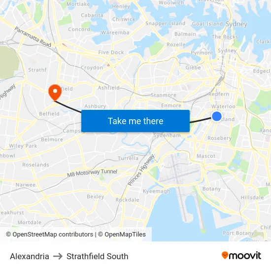 Alexandria to Strathfield South map